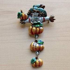 Vintage Enamel on Pewter tone Scarecrow Dangling Pumpkin Brooch Pin AJMC Signed